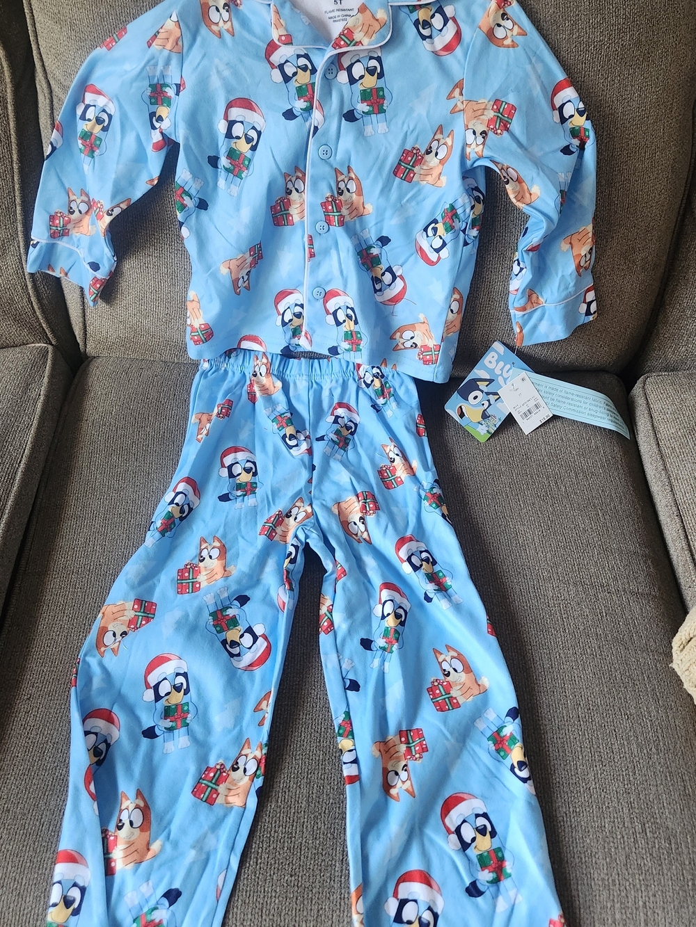 Light Blue Kids Holiday Pajama Set with Cartoon Character Print